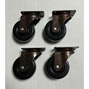 Set of 4 Swivel Plate Casters Bronze Metal w 1.875 X 0.75 Hard Rubber Wheels